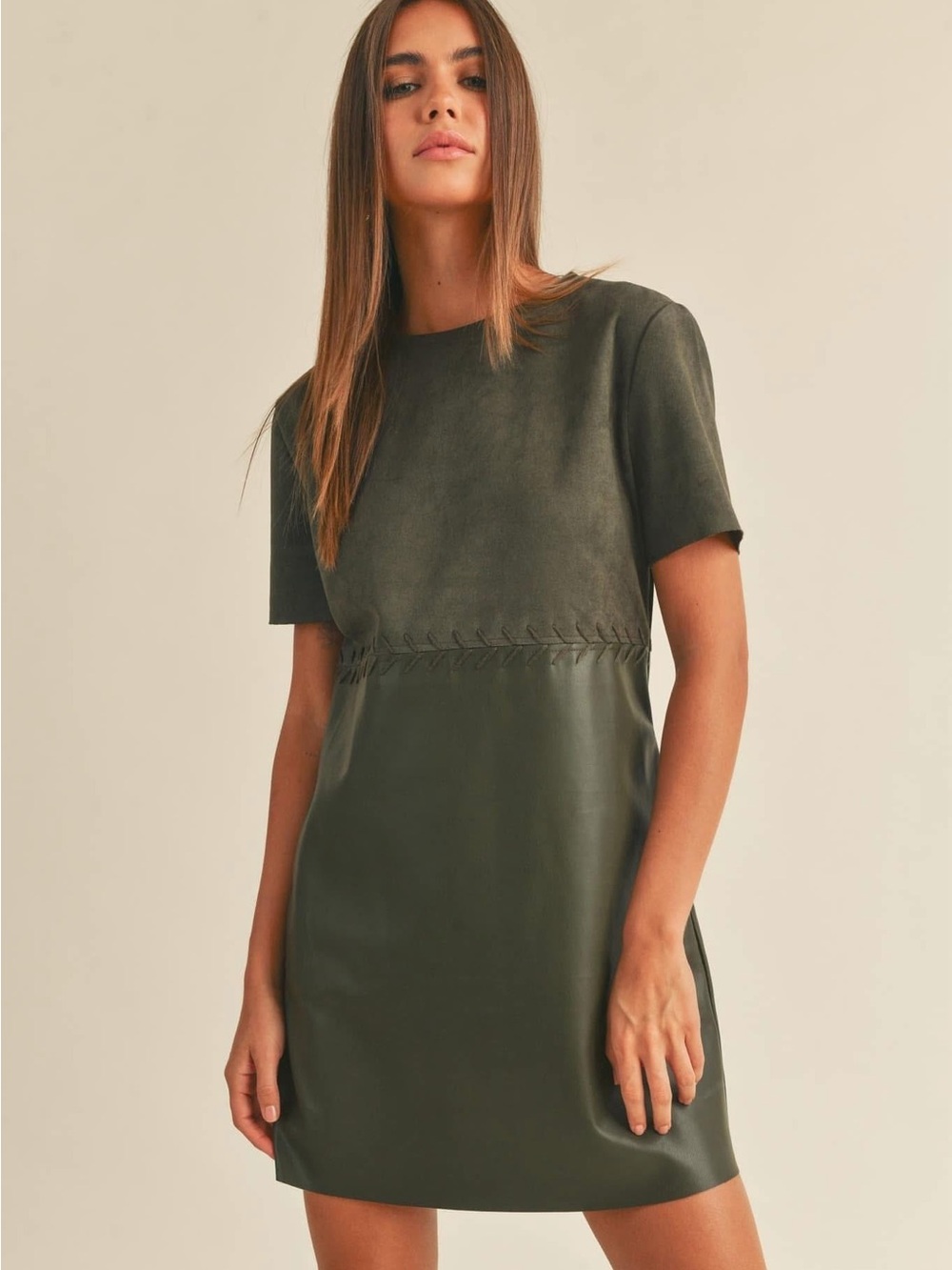 Olive Two-Tone Short Sleeve Shift Dress